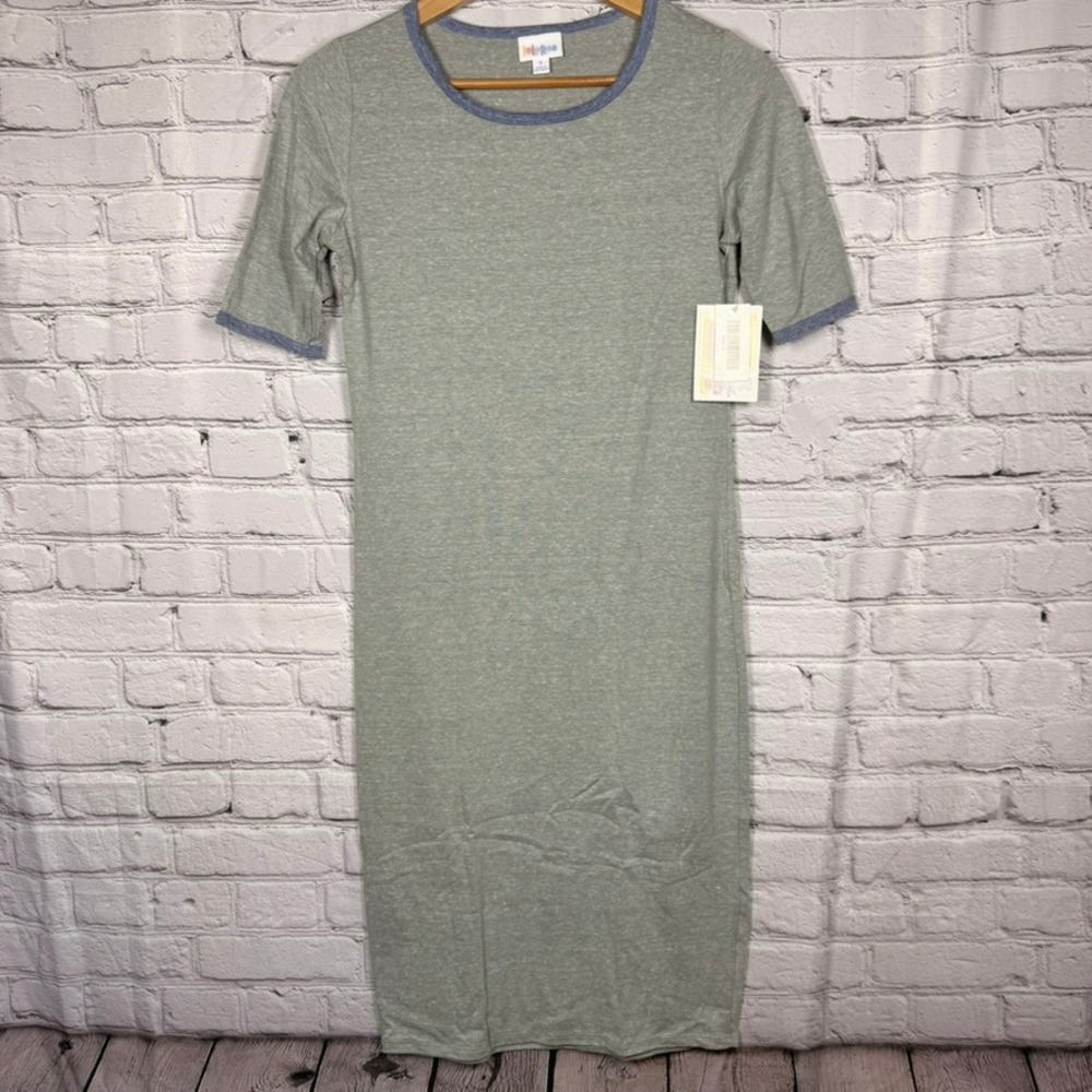 LuLaRoe Julia Dress Small Gray Heathered Ringer Sheath Midi Short Sleeve NWT
